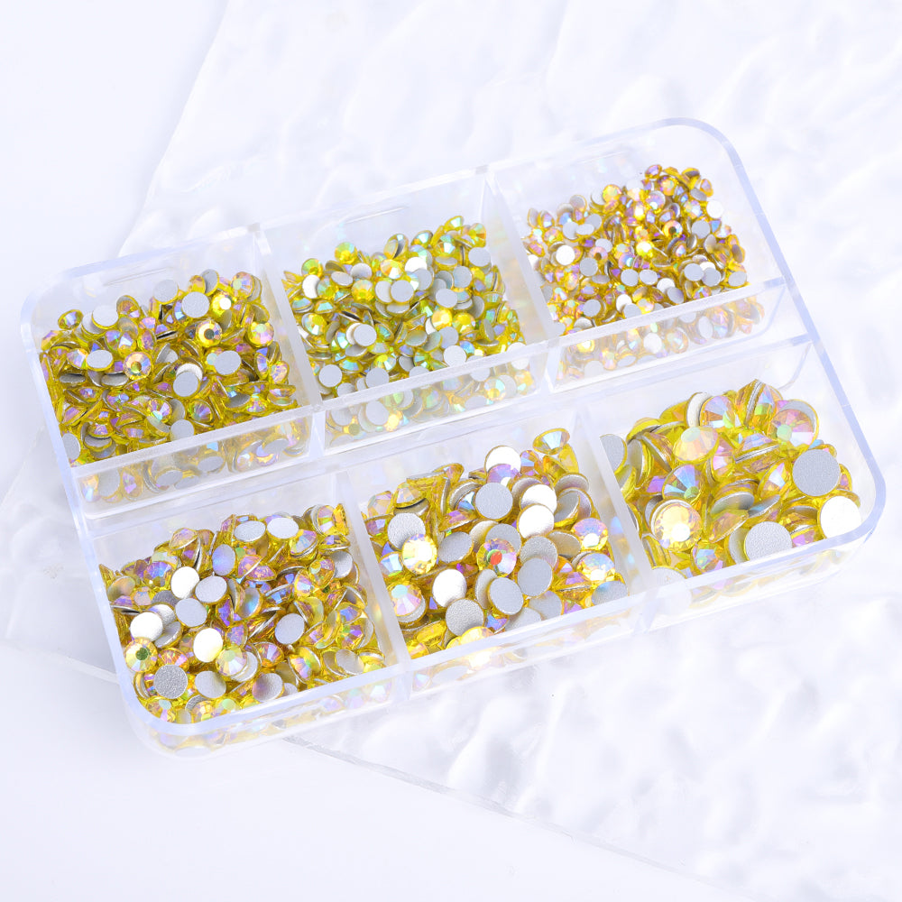 Mixed Sizes 6 Grid Box Citrine AB Glass FlatBack Rhinestones For Nail Art Silver Back