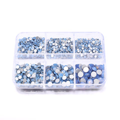 Mixed Sizes 6 Grid Box Blue Opal Glass FlatBack Rhinestones For Nail Art Silver Back