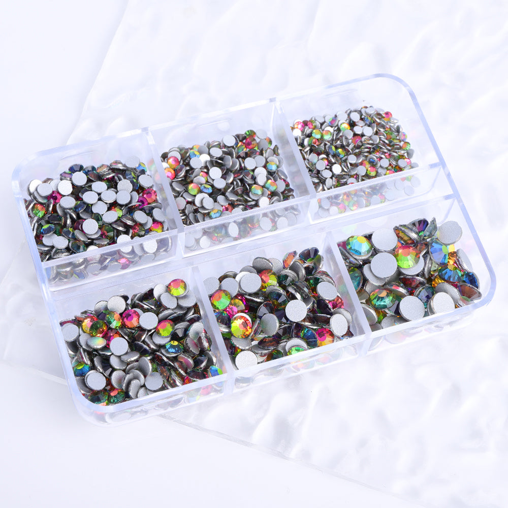 Mixed Sizes 6 Grid Box Rainbow Glass FlatBack Rhinestones For Nail Art Silver Back