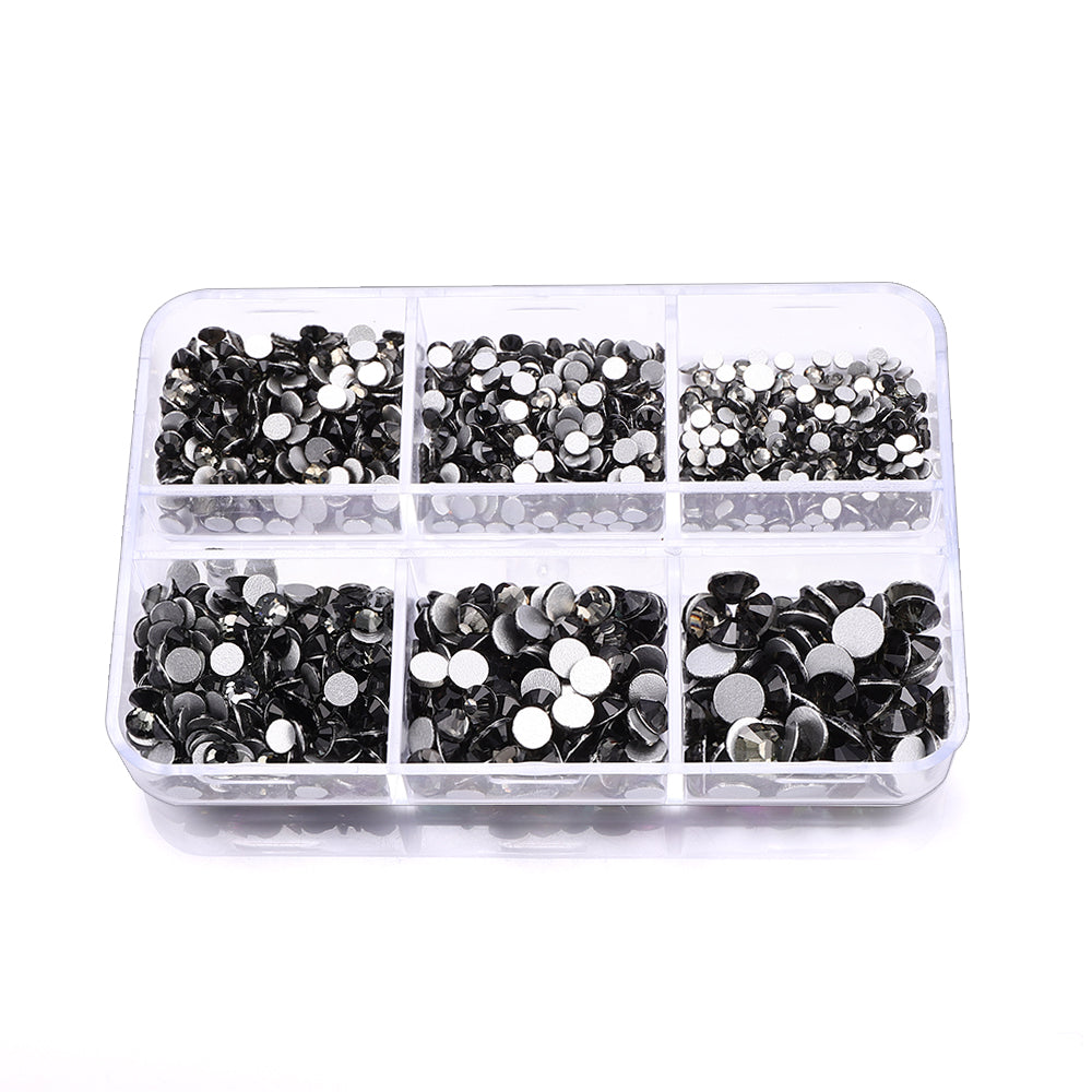Mixed Sizes 6 Grid Box Black Diamond Glass FlatBack Rhinestones For Nail Art  Silver Back