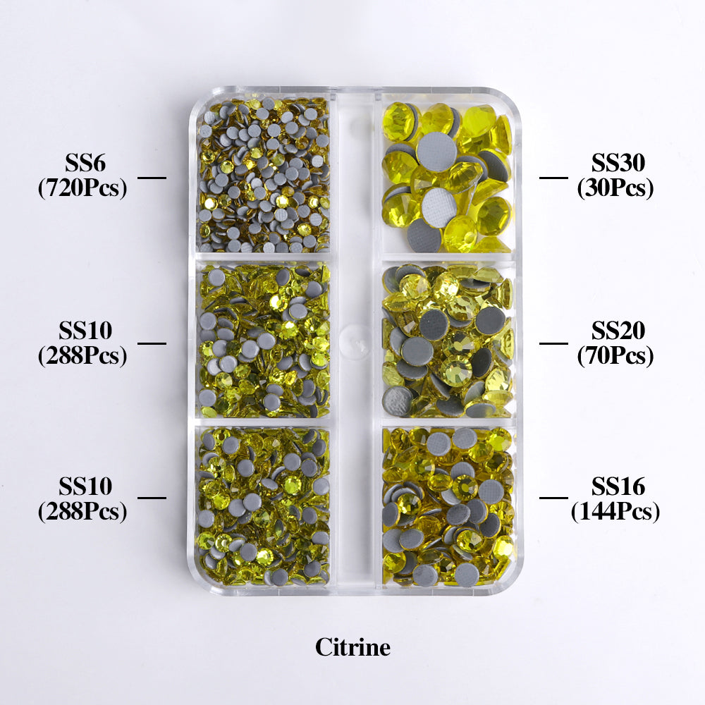 Mixed Sizes 6 Grid Box Citrine Glass HotFix Rhinestones For Clothing DIY
