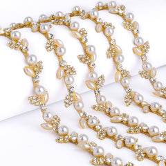 Sew-on Crystal Glass Rhinestone Pearl Trim Chain Applique RA1026 WholesaleRhinestone