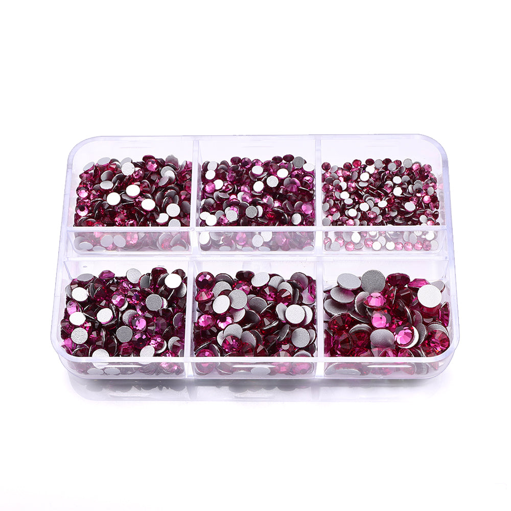 Mixed Sizes 6 Grid Box Fuchsia Glass FlatBack Rhinestones For Nail Art Silver Back