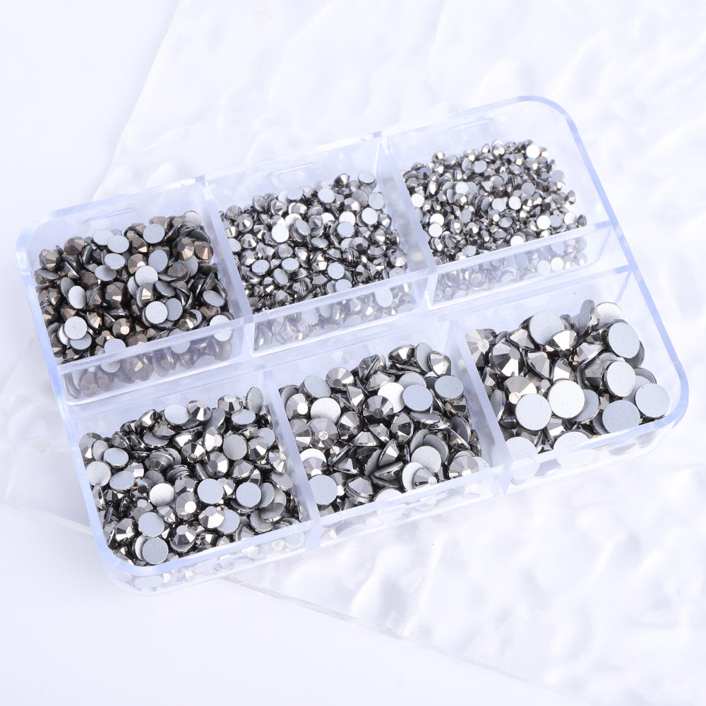 Mixed Sizes 6 Grid Box Hematite Glass FlatBack Rhinestones For Nail Art  Silver Back