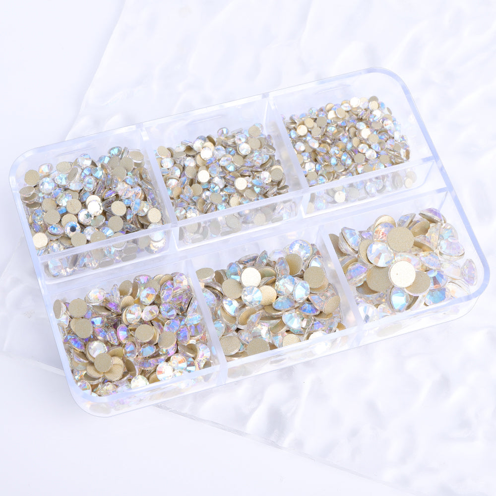 Mixed Sizes 6 Grid Box Blue Moonlight Glass FlatBack Rhinestones For Nail Art Golden Back Secondary image