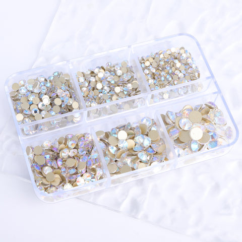 Mixed Sizes 6 Grid Box Blue Moonlight Glass FlatBack Rhinestones For Nail Art Golden Back