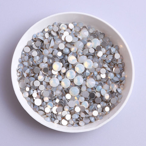 Mixed Sizes White Opal Glass FlatBack Rhinestones For Nail Art Silver Back WholesaleRhinestone