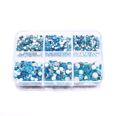Mixed Sizes 6 Grid Box Aquamarine Glass FlatBack Rhinestones For Nail Art  Silver Back