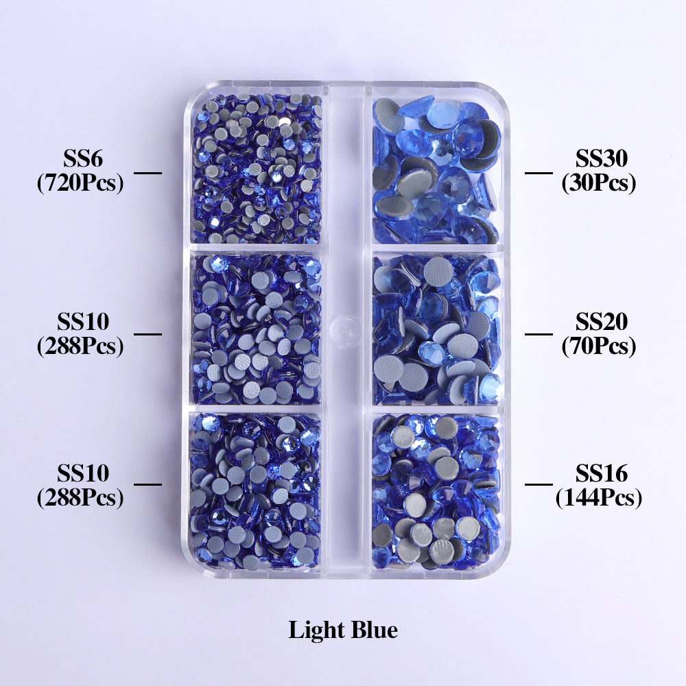 Mixed Sizes 6 Grid Box Light Blue Glass HotFix Rhinestones For Clothing DIY