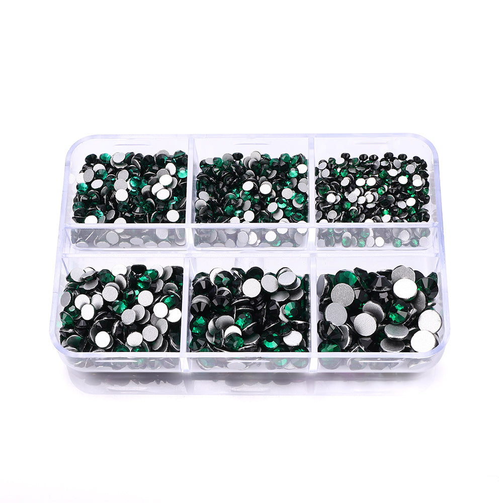 Mixed Sizes 6 Grid Box Dark Green Glass FlatBack Rhinestones For Nail Art  Silver Back Secondary image