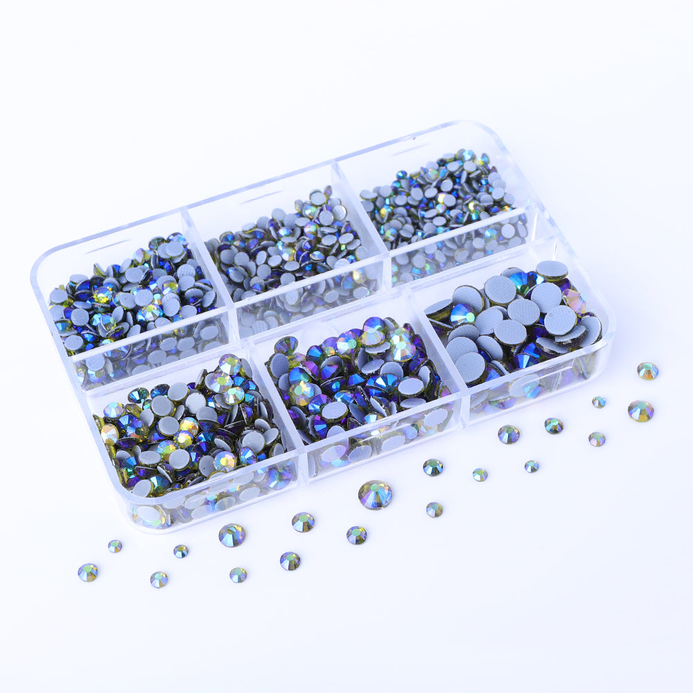 Mixed Sizes 6 Grid Box Olive Green AB Glass HotFix Rhinestones For Clothing DIY