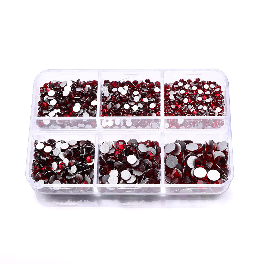 Mixed Sizes 6 Grid Box Dark Siam Glass FlatBack Rhinestones For Nail Art Silver Back