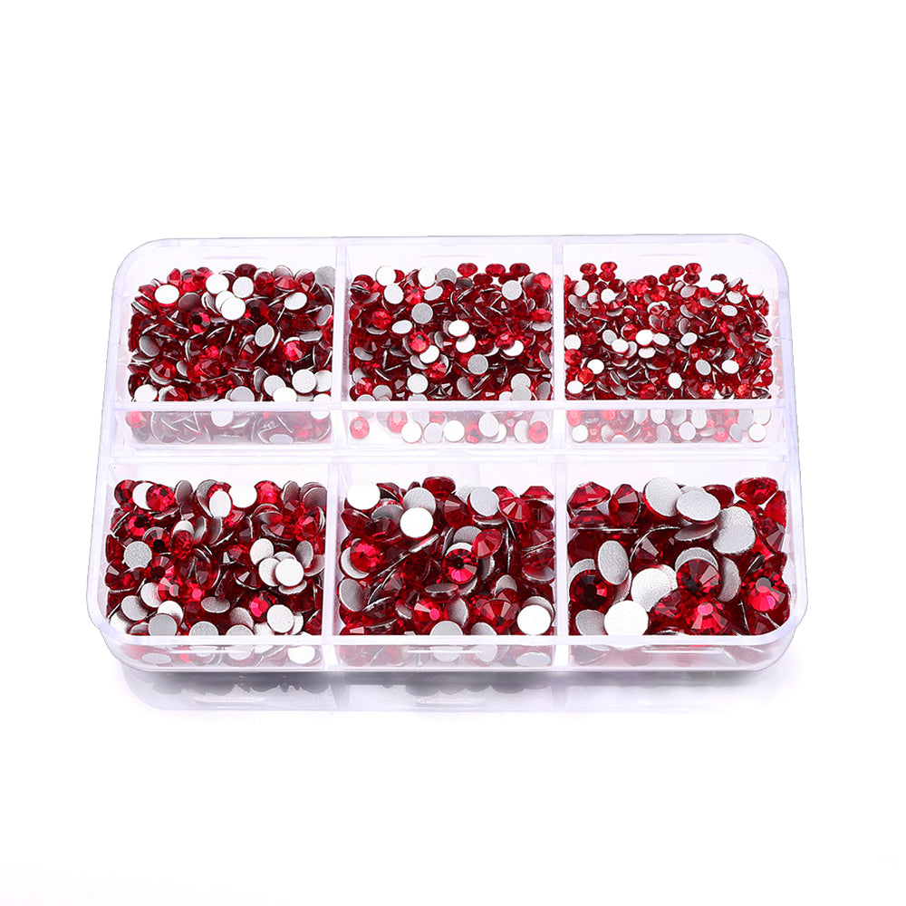 Mixed Sizes 6 Grid Box Siam Glass FlatBack Rhinestones For Nail Art Silver Back