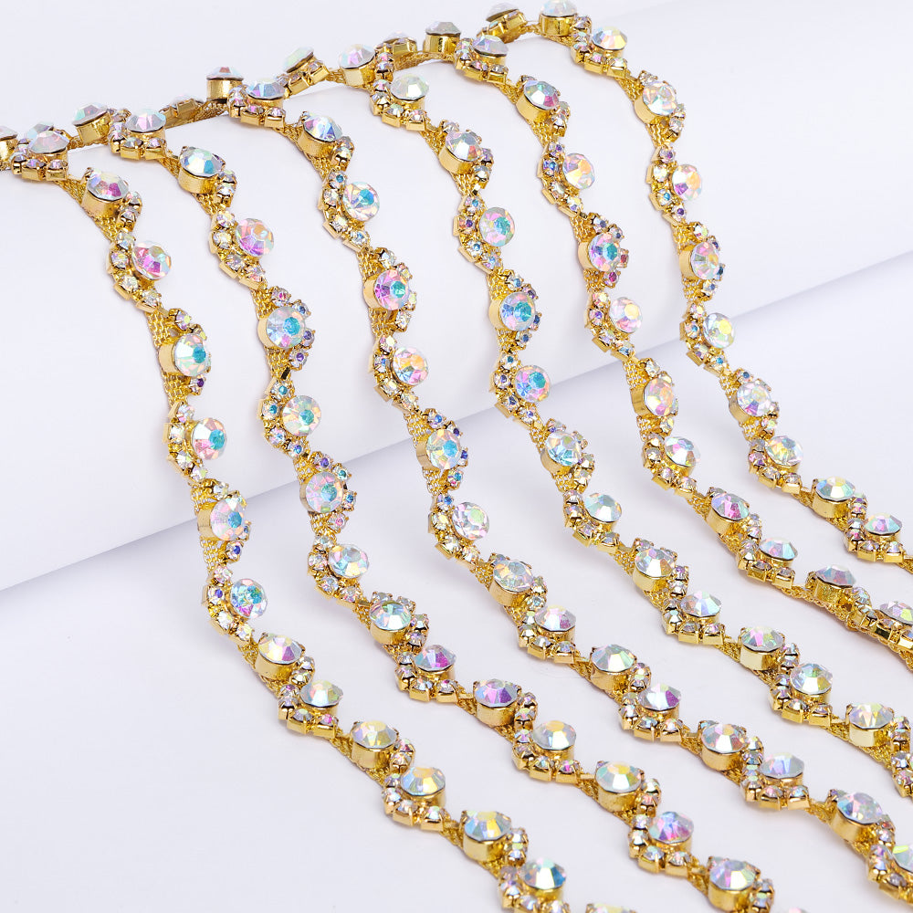 Sew-on Crystal AB Glass Rivoli Rhinestone Trim Chain Applique RA420 WholesaleRhinestone