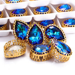 Bermuda Blue Drop Shape High-Quality Glass Sew-on Nest Hollow Claw Rhinestones