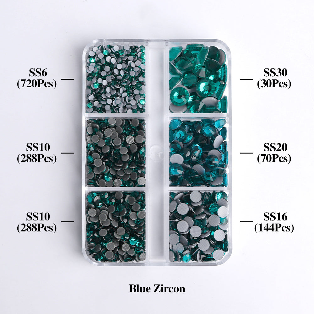 Mixed Sizes 6 Grid Box Blue Zircon Glass HotFix Rhinestones For Clothing DIY