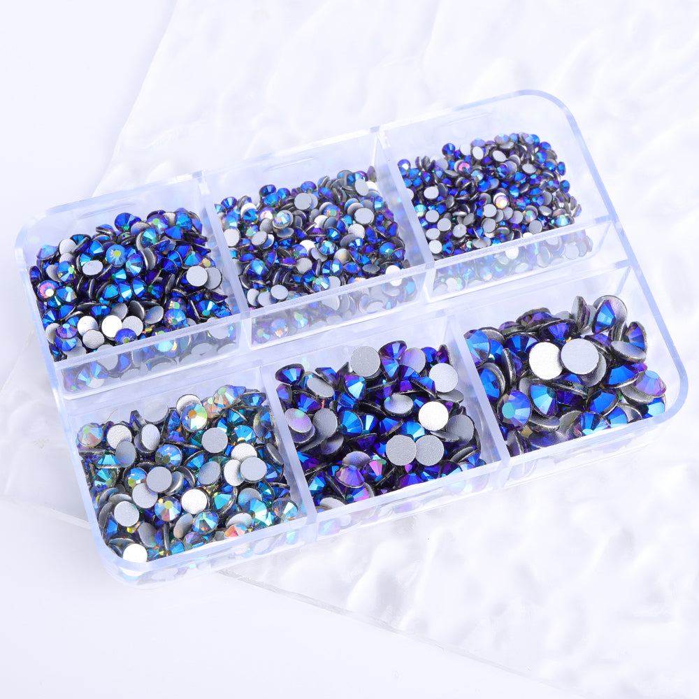 Mixed Sizes 6 Grid Box Black Diamond AB Glass FlatBack Rhinestones For Nail Art  Silver Back Второстепенное изображение товара