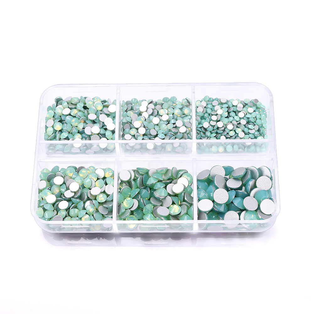 Tailles mélangées 6 Boîte de grille Green Opal Verre Flatback Rétalonnets pour Nail Art Silver Back Image secondaire du produit