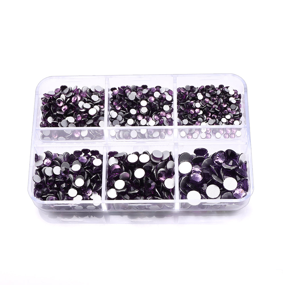 Mixed Sizes 6 Grid Box Tanzanite Glass FlatBack Rhinestones For Nail Art Silver Back