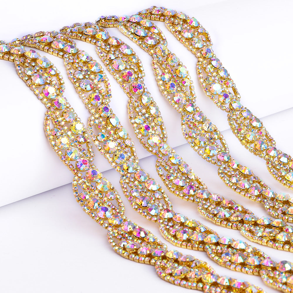 Sew-on Crystal AB Glass Round Rhinestone Trim Chain Applique RA470 WholesaleRhinestone メイン画像