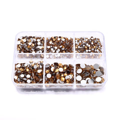 Mixed Sizes 6 Grid Box Light Colorado Topaz Glass FlatBack Rhinestones For Nail Art Silver Back