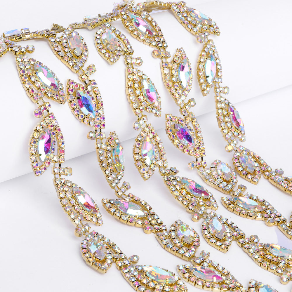 Sew-on Crystal AB Glass Raindrop Rhinestone Trim Chain Applique RA905 WholesaleRhinestone