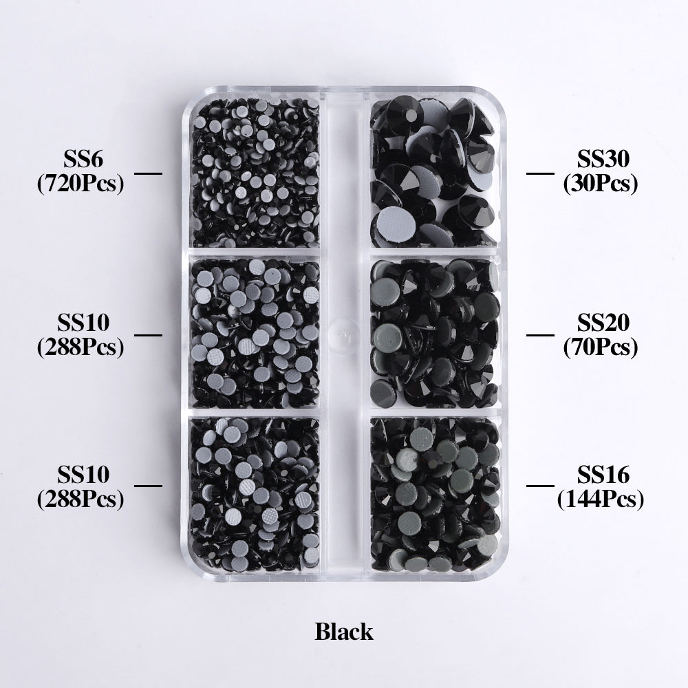 Mixed Sizes 6 Grid Box Black Glass HotFix Rhinestones For Clothing DIY