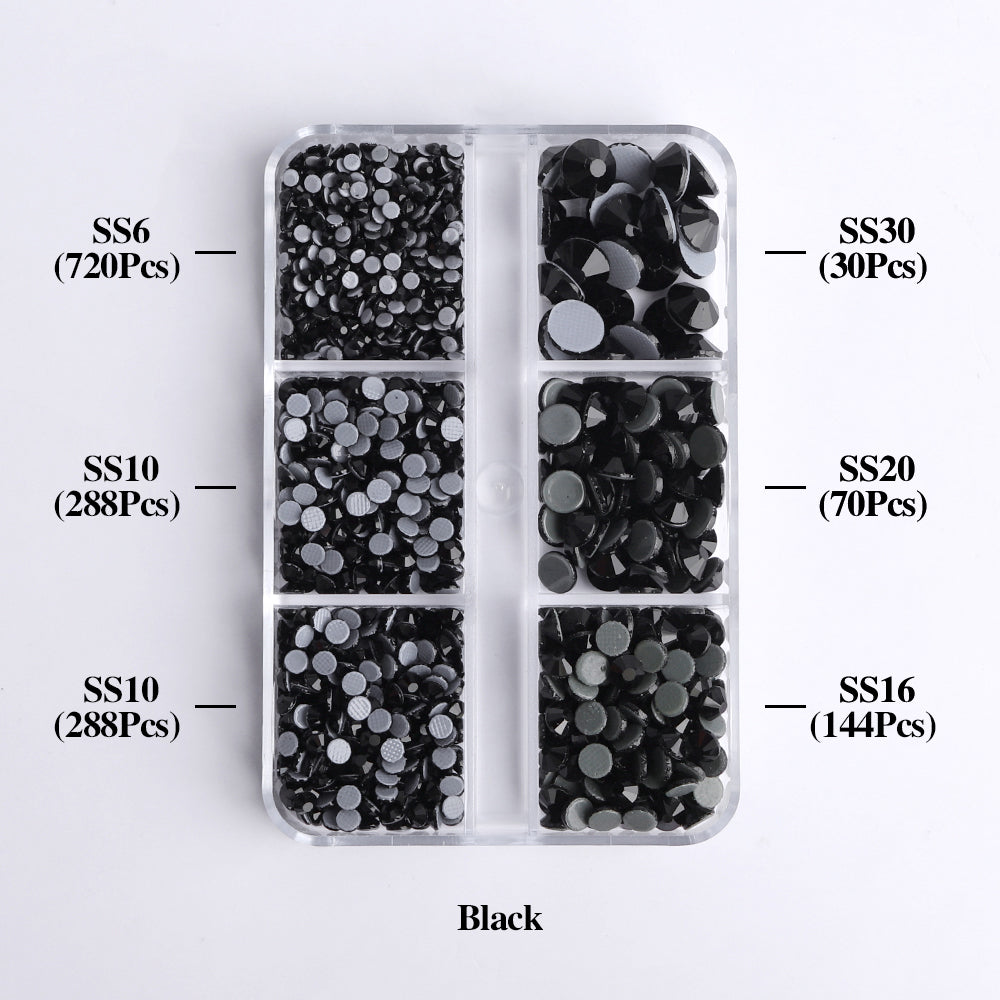 Mixed Sizes 6 Grid Box Black Glass HotFix Rhinestones For Clothing DIY WholesaleRhinestone