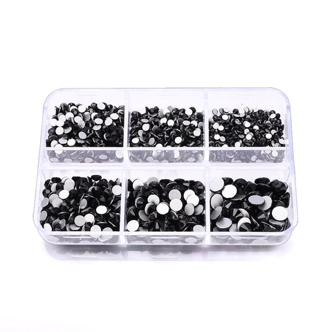 Mixed Sizes 6 Grid Box Black Glass FlatBack Rhinestones For Nail Art Silver Back