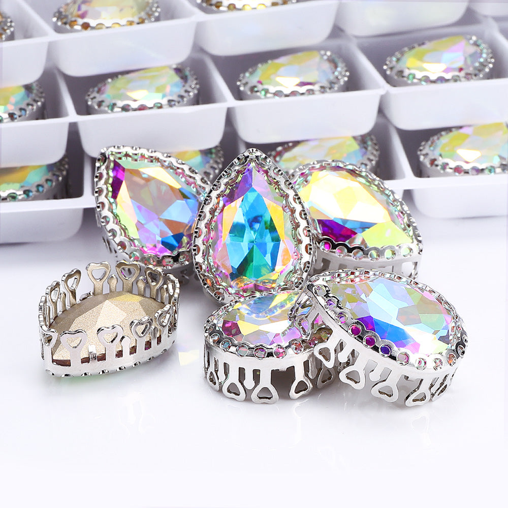 Crystal AB Drop Shape High-Quality Glass Sew-on Nest Hollow Claw Rhinestones WholesaleRhinestone