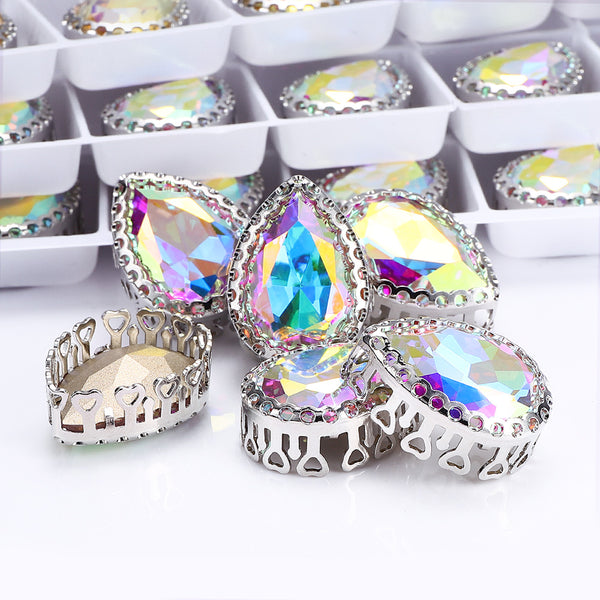 Crystal AB Drop Shape High-Quality Glass Sew-on Nest Hollow Claw Rhinestones WholesaleRhinestone