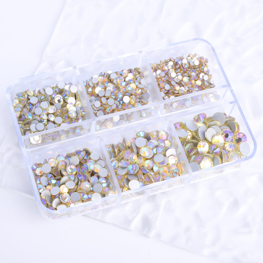 Mixed Sizes 6 Grid Box Light Yellow AB Glass FlatBack Rhinestones For Nail Art Silver Back Secondary image