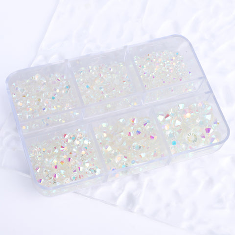 Mixed Sizes 6 Grid Box Crystal AB Glass FlatBack Rhinestones For Nail Art  Unfoiled Back