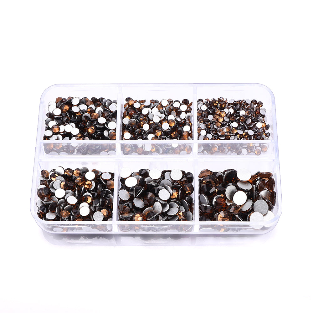 Mixed Sizes 6 Grid Box Smoked Topaz Glass FlatBack Rhinestones For Nail Art Silver Back