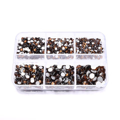 Mixed Sizes 6 Grid Box Smoked Topaz Glass FlatBack Rhinestones For Nail Art Silver Back