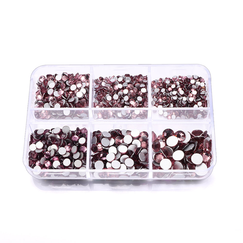 Mixed Sizes 6 Grid Box Light Amethyst Glass FlatBack Rhinestones For Nail Art  Silver Back