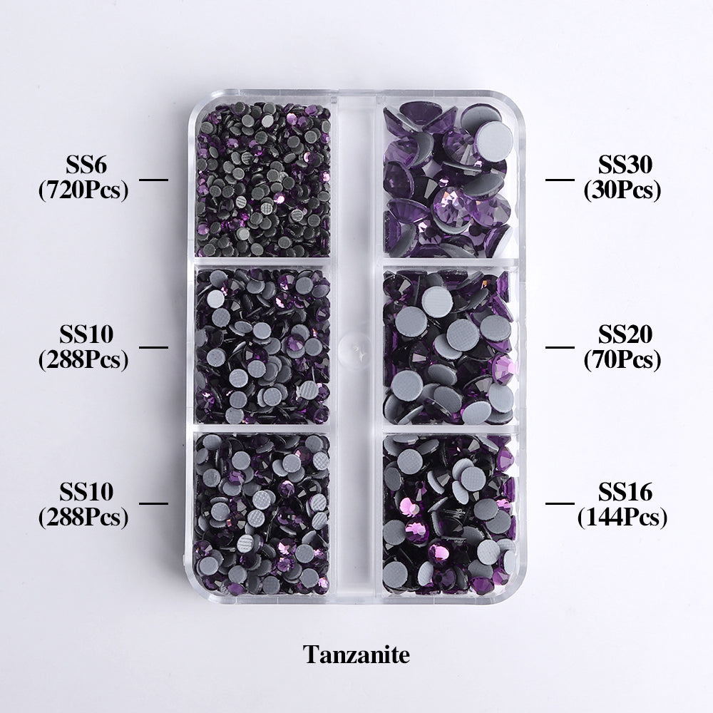 Mixed Sizes 6 Grid Box Tanzanite Glass HotFix Rhinestones For Clothing DIY WholesaleRhinestone