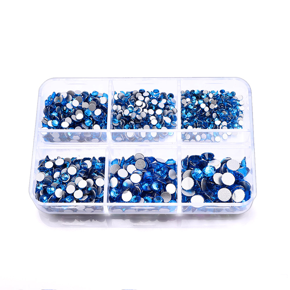 Mixed Sizes 6 Grid Box Capri Blue Glass FlatBack Rhinestones For Nail Art  Silver Back