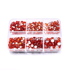 Mixed Sizes 6 Grid Box Orange Glass FlatBack Rhinestones For Nail Art Silver Back