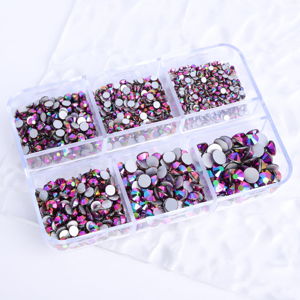 Mixed Sizes 6 Grid Box Rainbow Rose Gold Glass FlatBack Rhinestones For Nail Art Silver Back