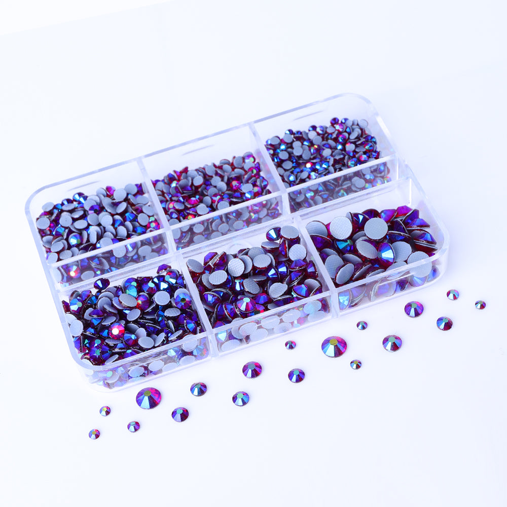 Mixed Sizes 6 Grid Box Dark Siam AB Glass HotFix Rhinestones For Clothing DIY