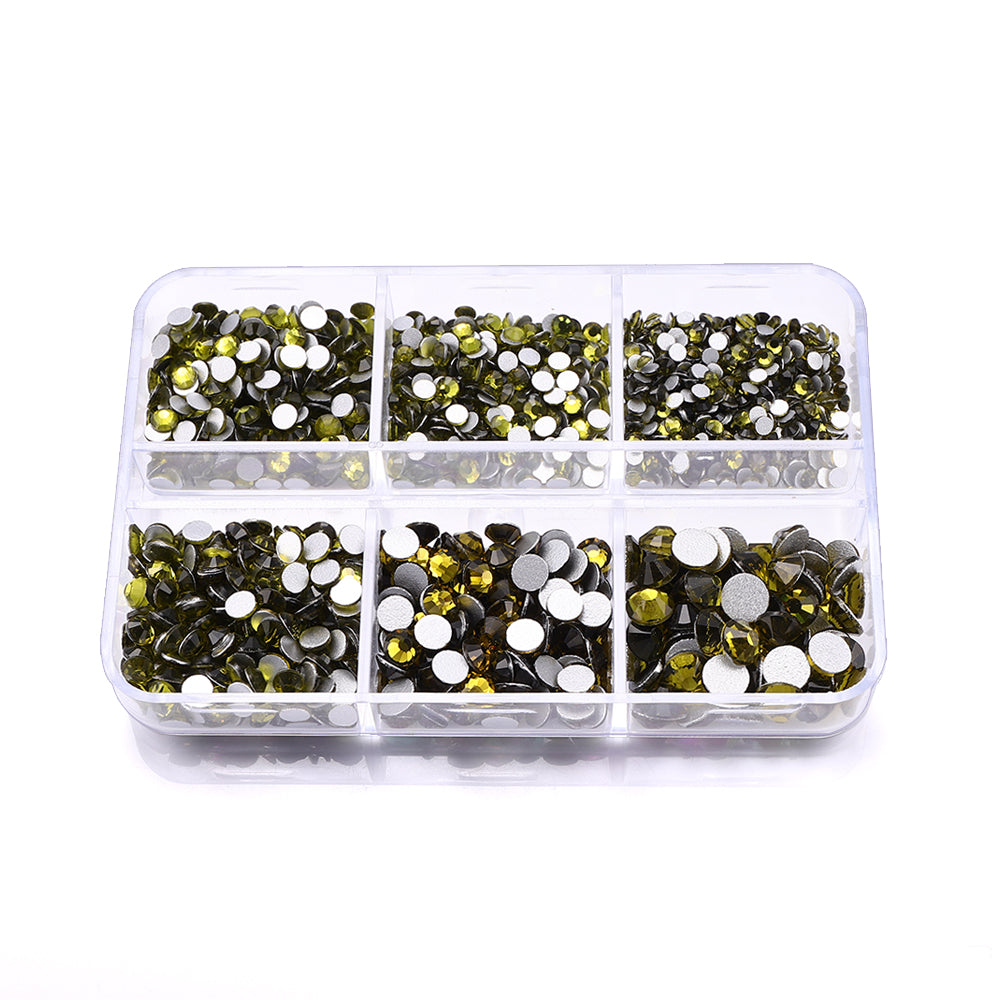 Mixed Sizes 6 Grid Box Olive Green Glass FlatBack Rhinestones For Nail Art  Silver Back WholesaleRhinestone