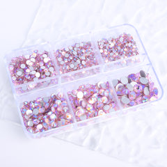Mixed Sizes 6 Grid Box Light Pink AB Glass FlatBack Rhinestones For Nail Art Silver Back