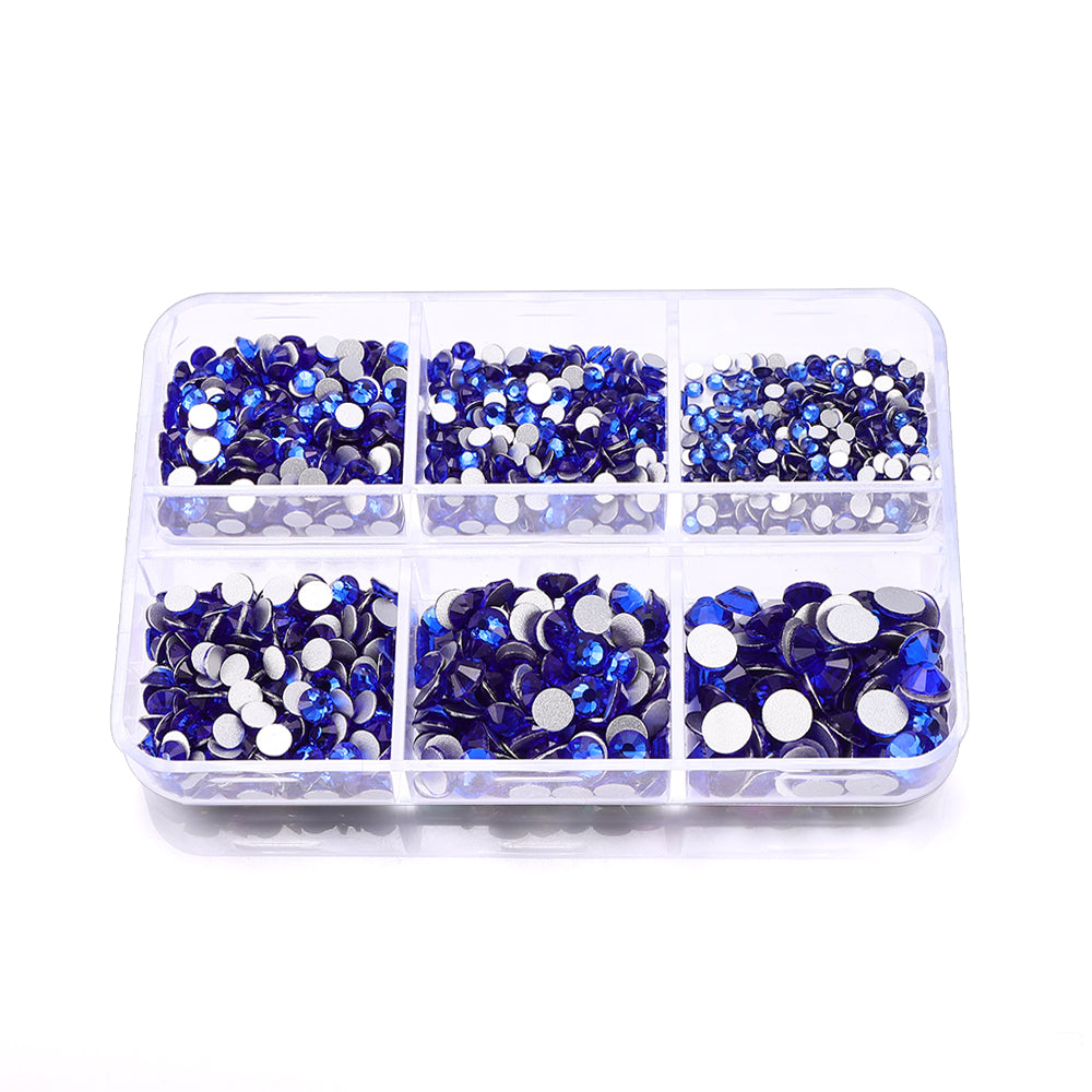 Mixed Sizes 6 Grid Box Sapphire Glass FlatBack Rhinestones For Nail Art Silver Back