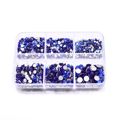 Mixed Sizes 6 Grid Box Sapphire Glass FlatBack Rhinestones For Nail Art Silver Back