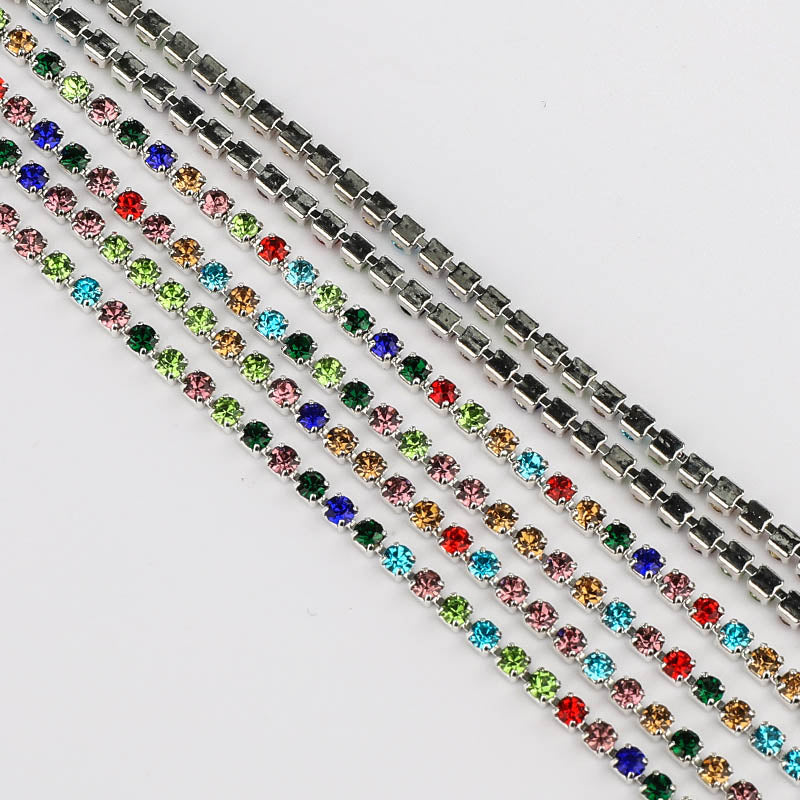 Mixed Colors Glass Rhinestones Close Cup Chain - 1 Row Silver Base WholesaleRhinestone