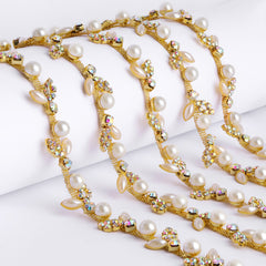 Sew-on Crystal AB Glass Rhinestone Pearl Trim Chain Applique RA1026 WholesaleRhinestone