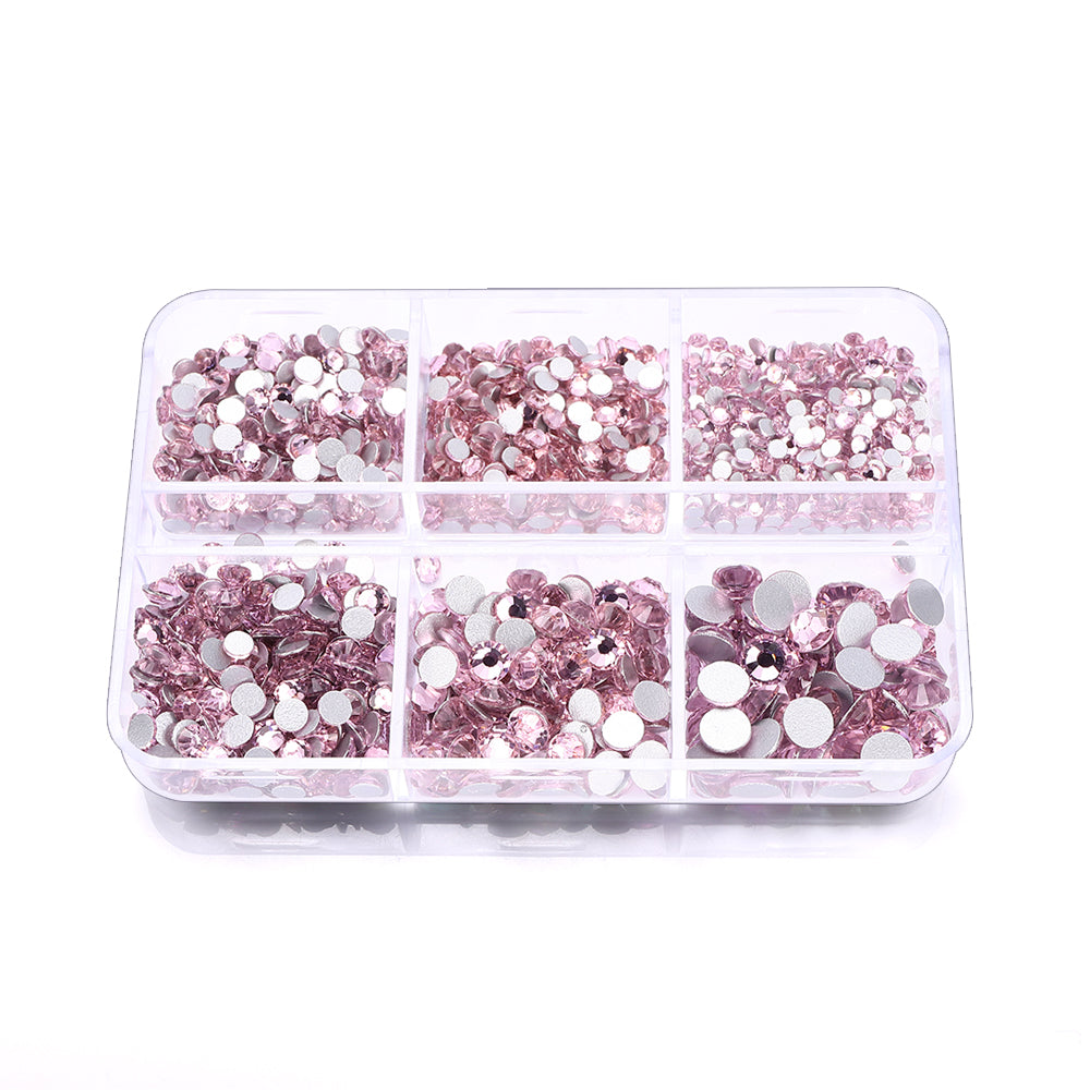 Mixed Sizes 6 Grid Box Light Pink Glass FlatBack Rhinestones For Nail Art Silver Back
