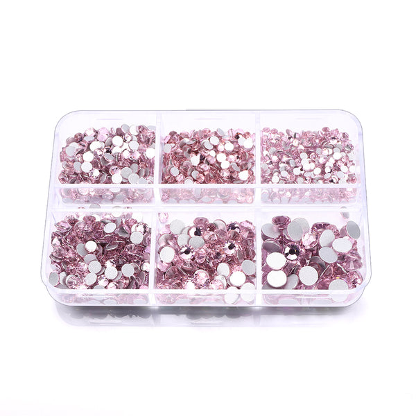 Mixed Sizes 6 Grid Box Light Pink Glass FlatBack Rhinestones For Nail Art Silver Back WholesaleRhinestone