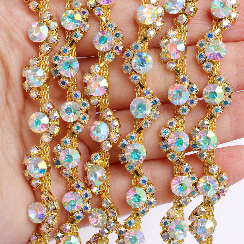 Sew-on Crystal AB Glass Rivoli Rhinestone Trim Chain Applique RA420 WholesaleRhinestone